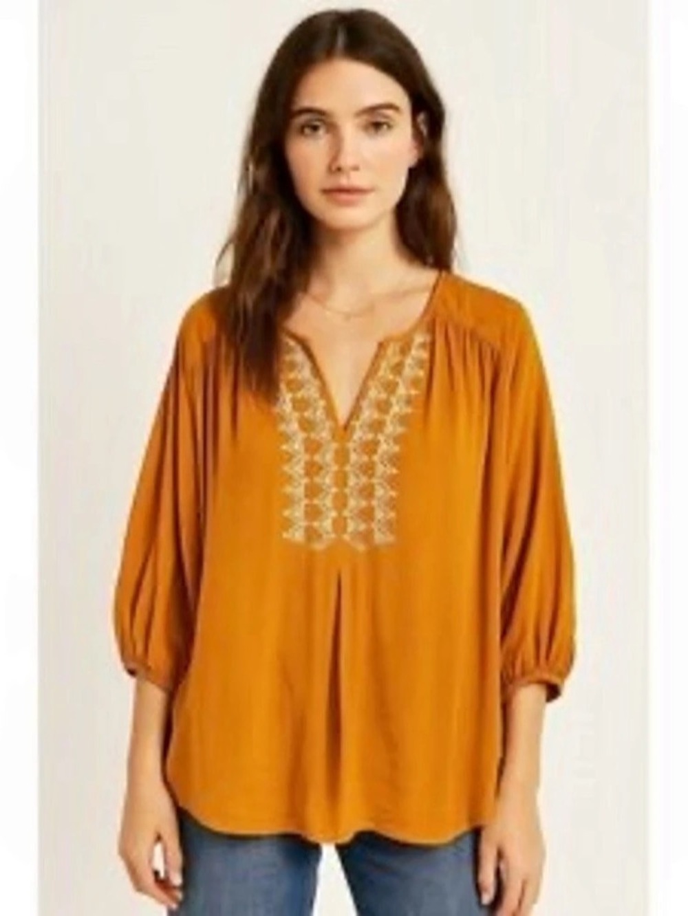 Dolan Anthropologie XS VNeck Needlepoint 3/4 Puff Sleeve Blouse Yellow Gold